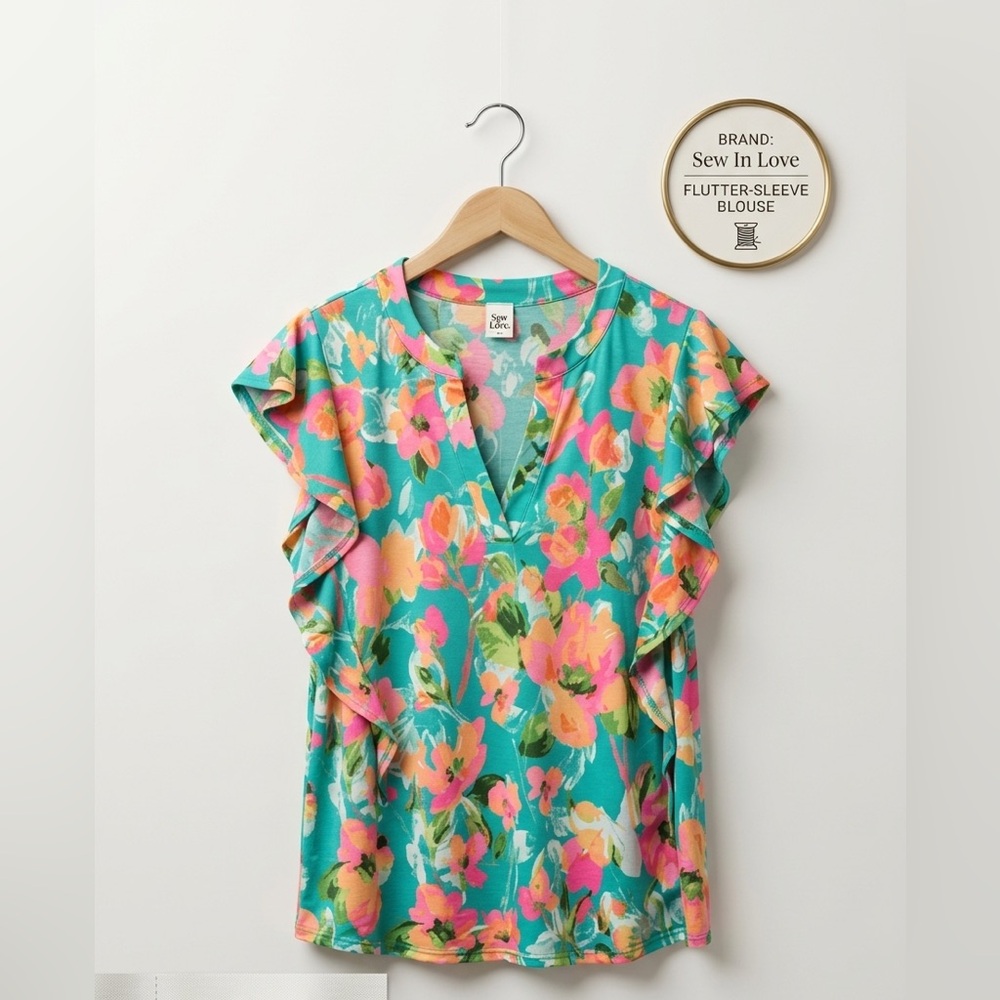 Sew in Love Boutique vibrant tropical-chic ruffle accent v neck blouse size Med